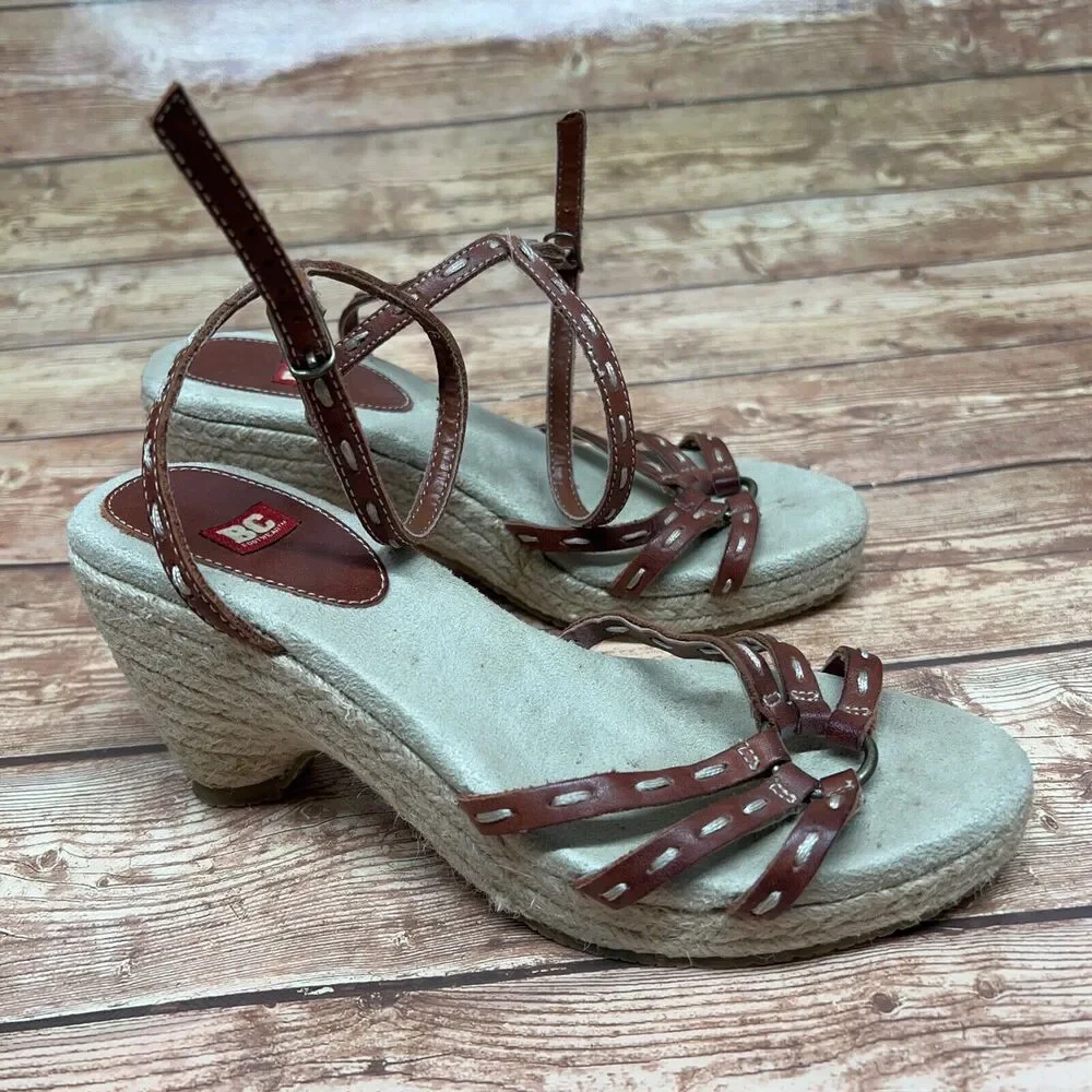 BC‎ Footwear Brown Beige Ankle Strap Espadrille Leather Wedge Sandals Size 6
